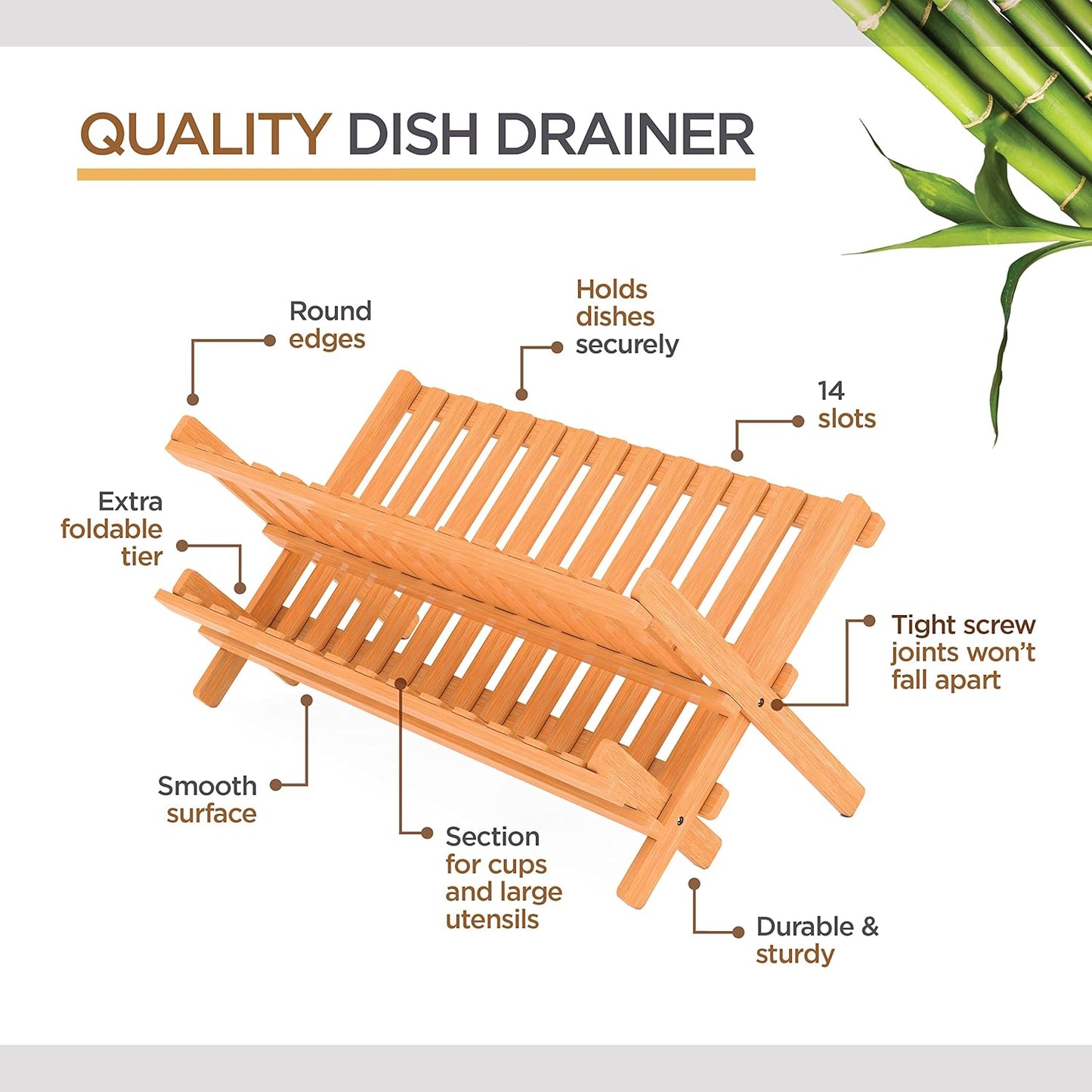 Dish Drying Rack - Collapsible Bamboo 2 Tier Foldable Wooden Dish Drainer for Countertop