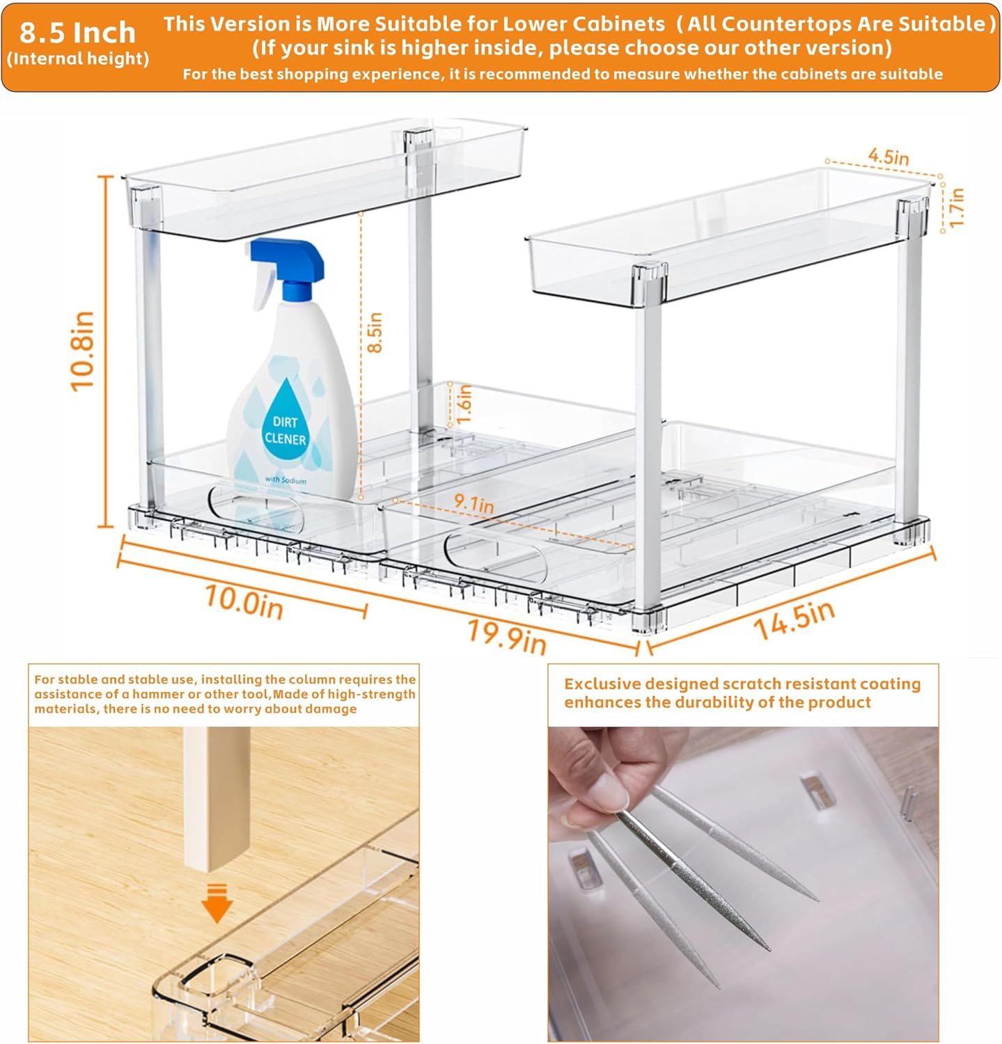 2 Pack 14.5″ Deep Pull Out Under Sink Organizer,10.8″ High 2 Tier Slide Out Cabinet Organizer for Kitchen Cabinet,Undersink Organizers,Under Sink Shelves,Bathroom Organizers and Storage,Clear