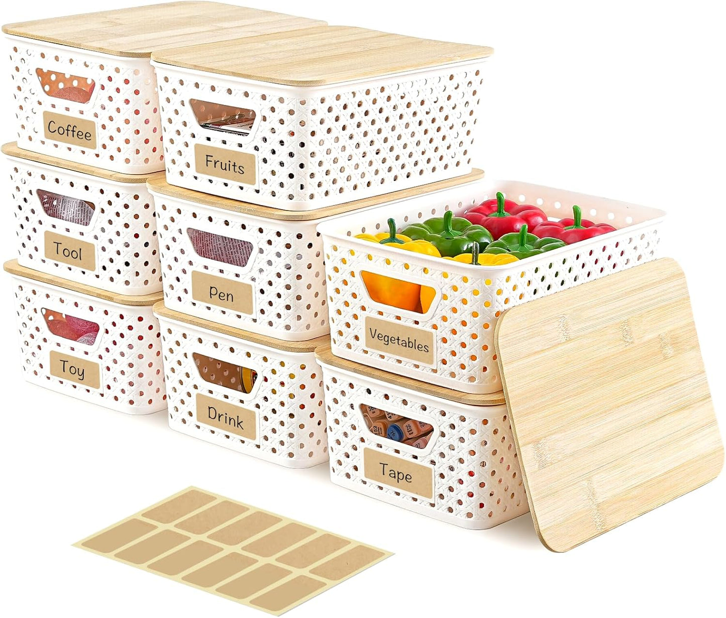 8 Pack Plastic Storage Bins with Bamboo Lids