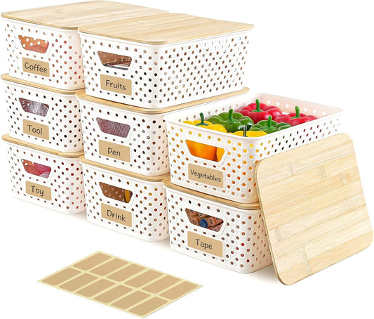 8 Pack Plastic Storage Bins with Bamboo Lids