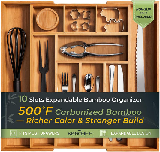 Carbonized Bamboo Kitchen Drawer Organizer, 10 Slots Expandable Silverware Organizer