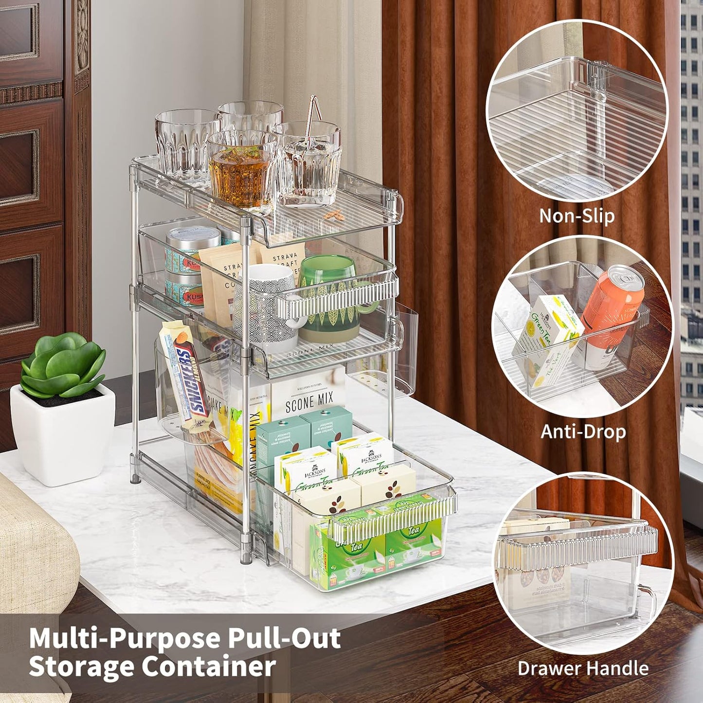 Clear Bathroom Organizers 2 Sets 3 Tier, Pull Out Organizer and Storage with 2 Cups