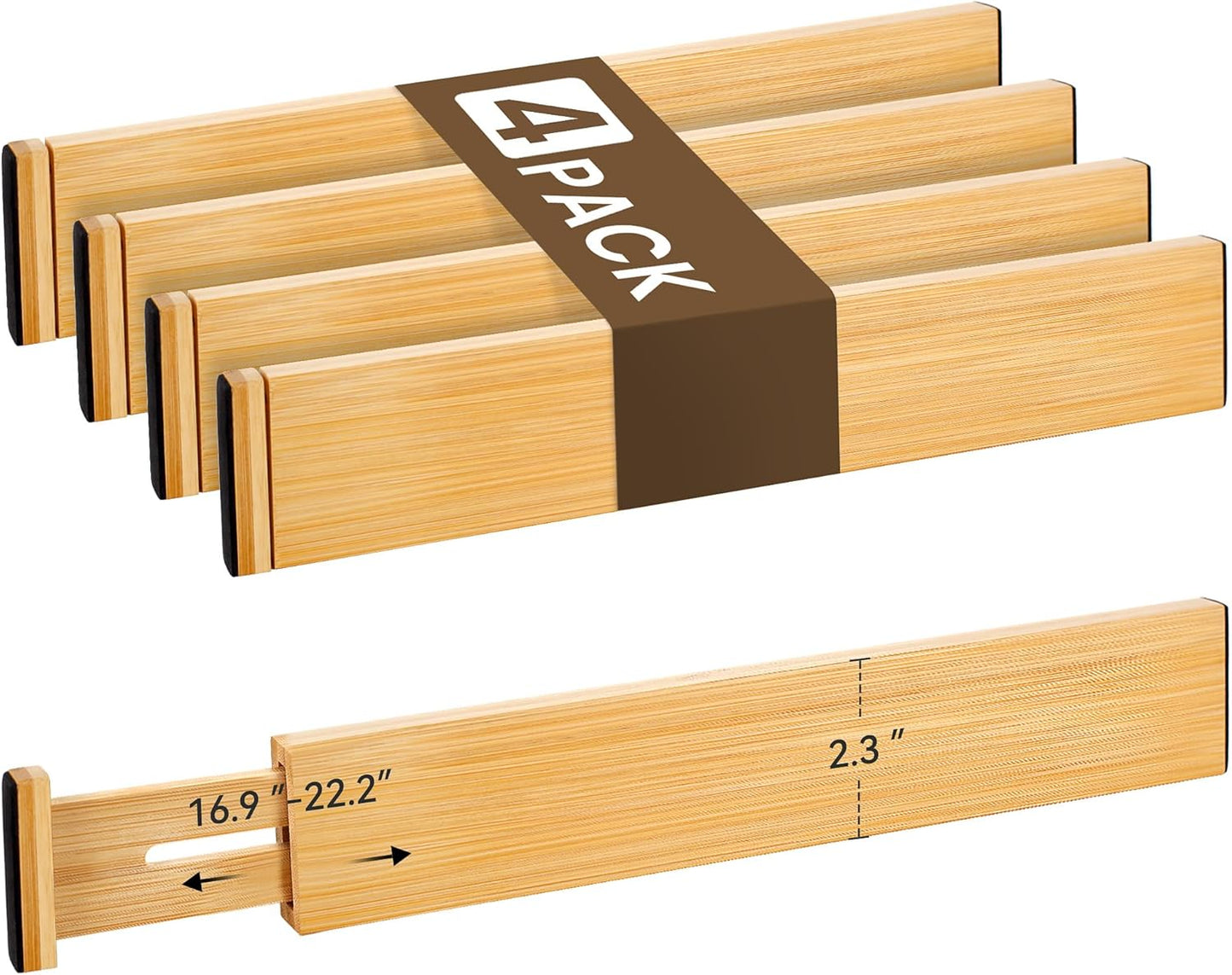 Bamboo Drawer Divider Set of 4, Adjustable Spring-Loaded Drawer Organizer (16.9"-22.2")