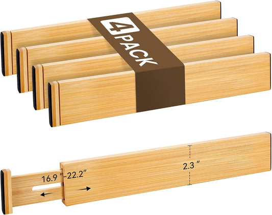 Bamboo Drawer Divider Set of 4, Adjustable Spring-Loaded Drawer Organizer (16.9"-22.2")