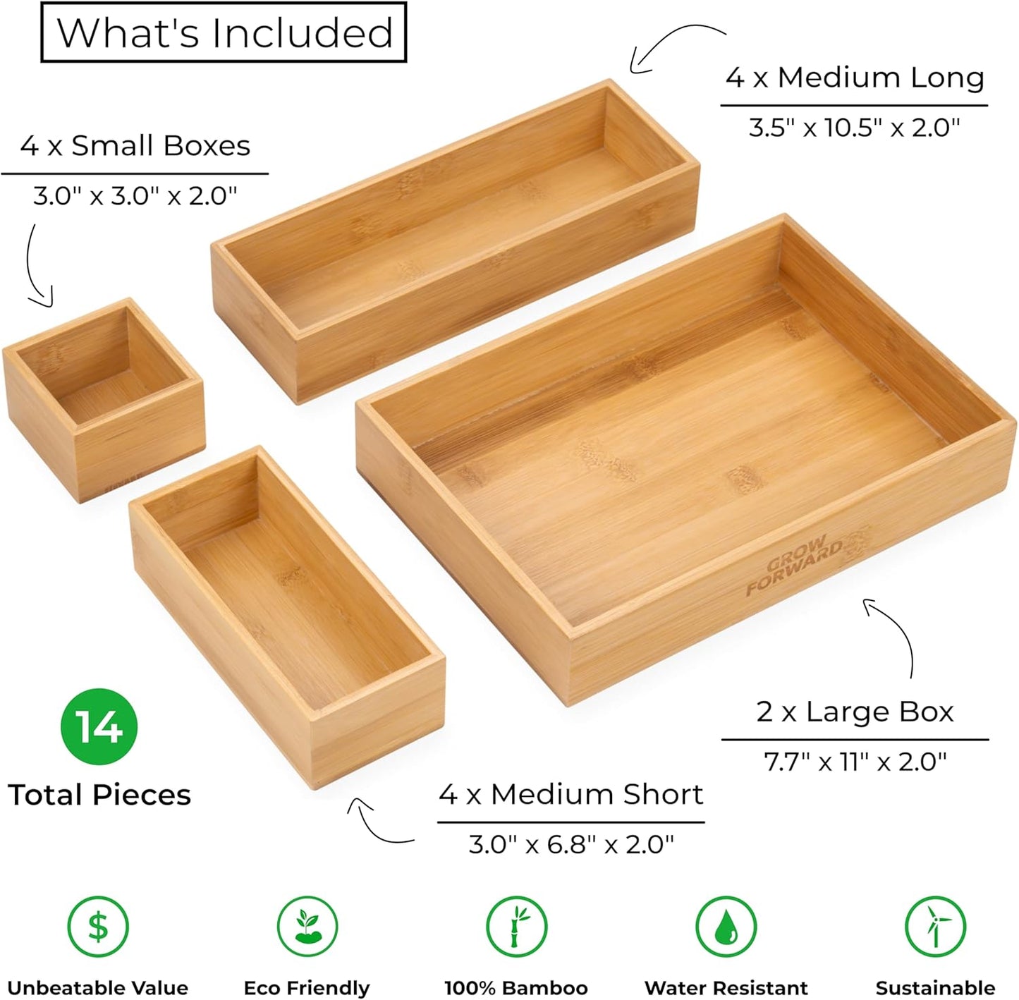 Bamboo Drawer Organizer Boxes - Set of 14 Wooden Drawer Organizers for Kitchen, Bathroom, Office