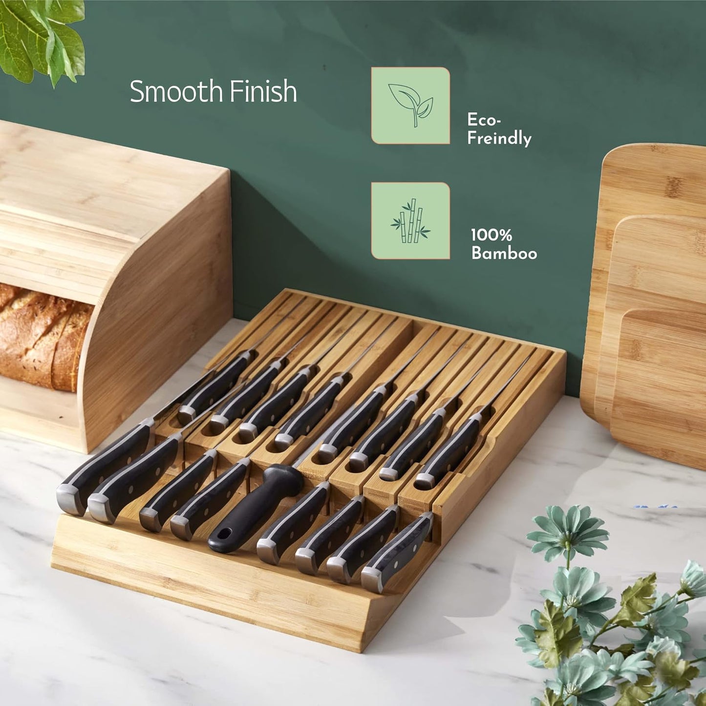 High-Grade 100% Bamboo Knife Drawer Organizer - 12 Slots Plus Sharpener, Secure, Practical