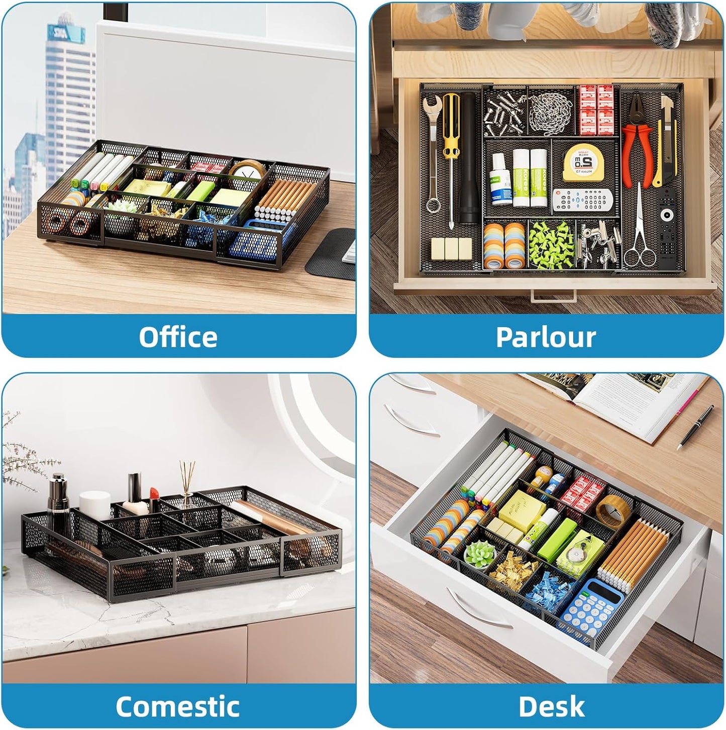 Expandable Desk Drawer Organizer, Mesh Drawer Organizer Tray with 10 Adjustable Compartments