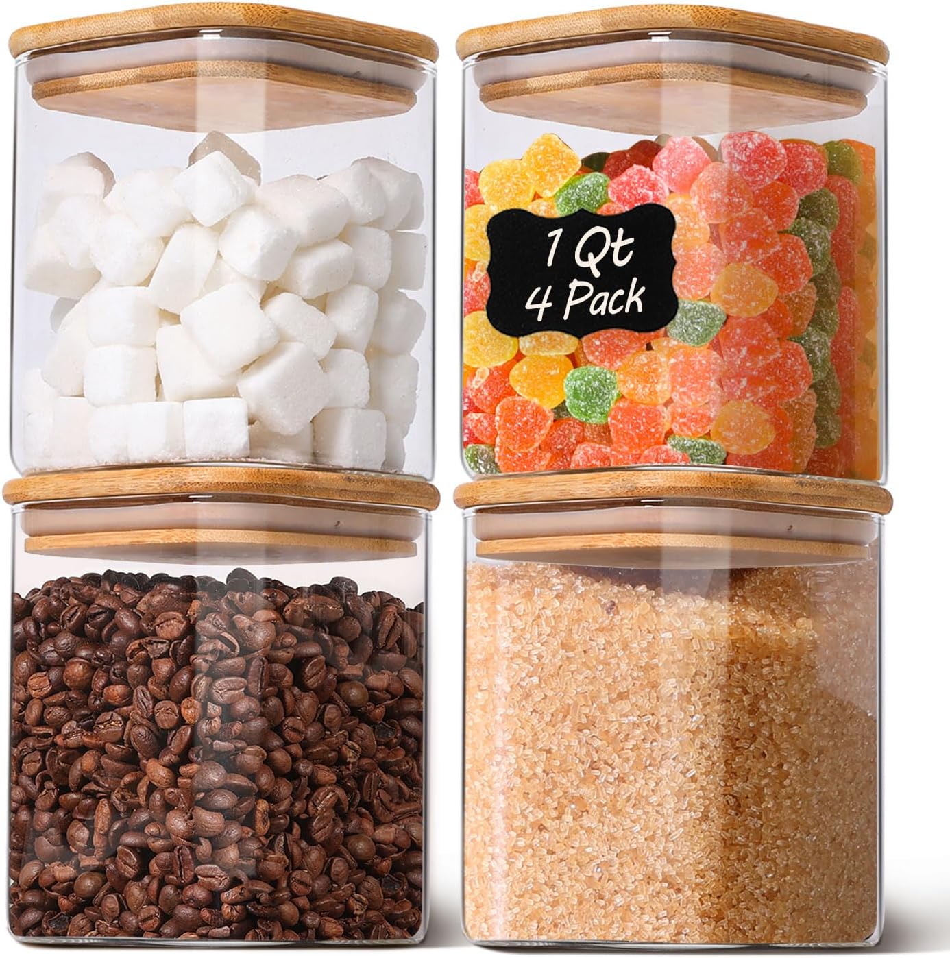 1Qt Airtight Glass Canisters with Bamboo Lid, Square Pantry Storage Containers for Coffee, Cookie