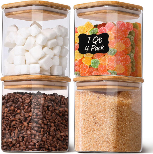 1Qt Airtight Glass Canisters with Bamboo Lid, Square Pantry Storage Containers for Coffee, Cookie