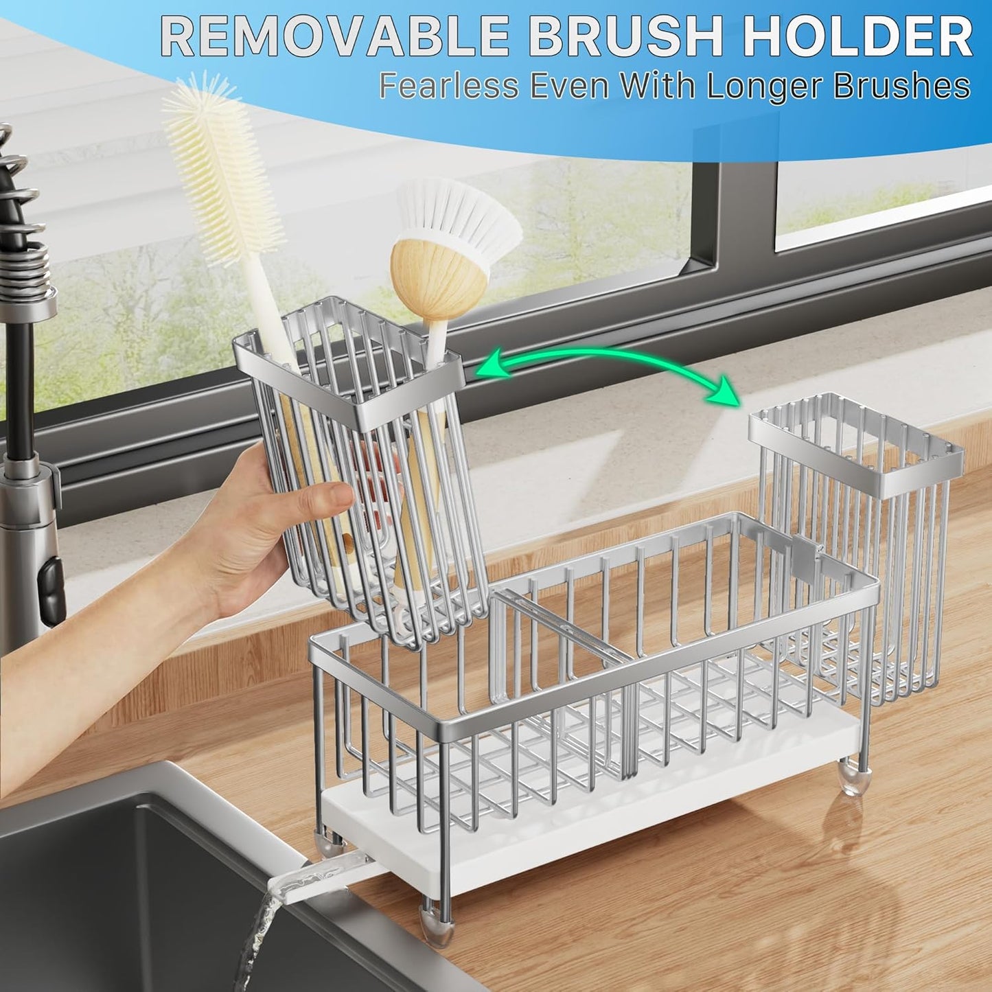 Sponge Holder for Kitchen Sink, Sink Caddy Organizer with High Brush Holder