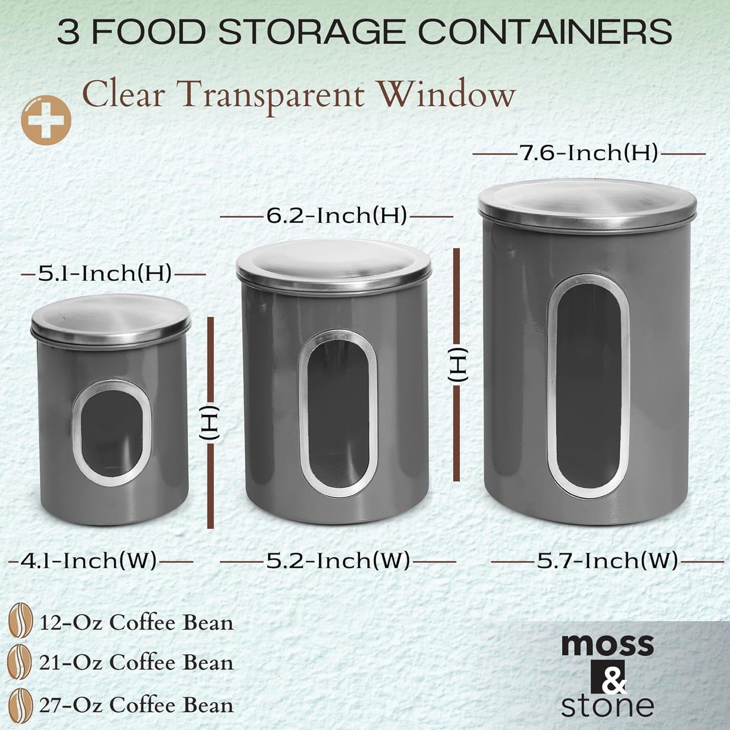 3-Piece Gray Canisters Sets For The Kitchen, Airtight Canister Set With See Through Window