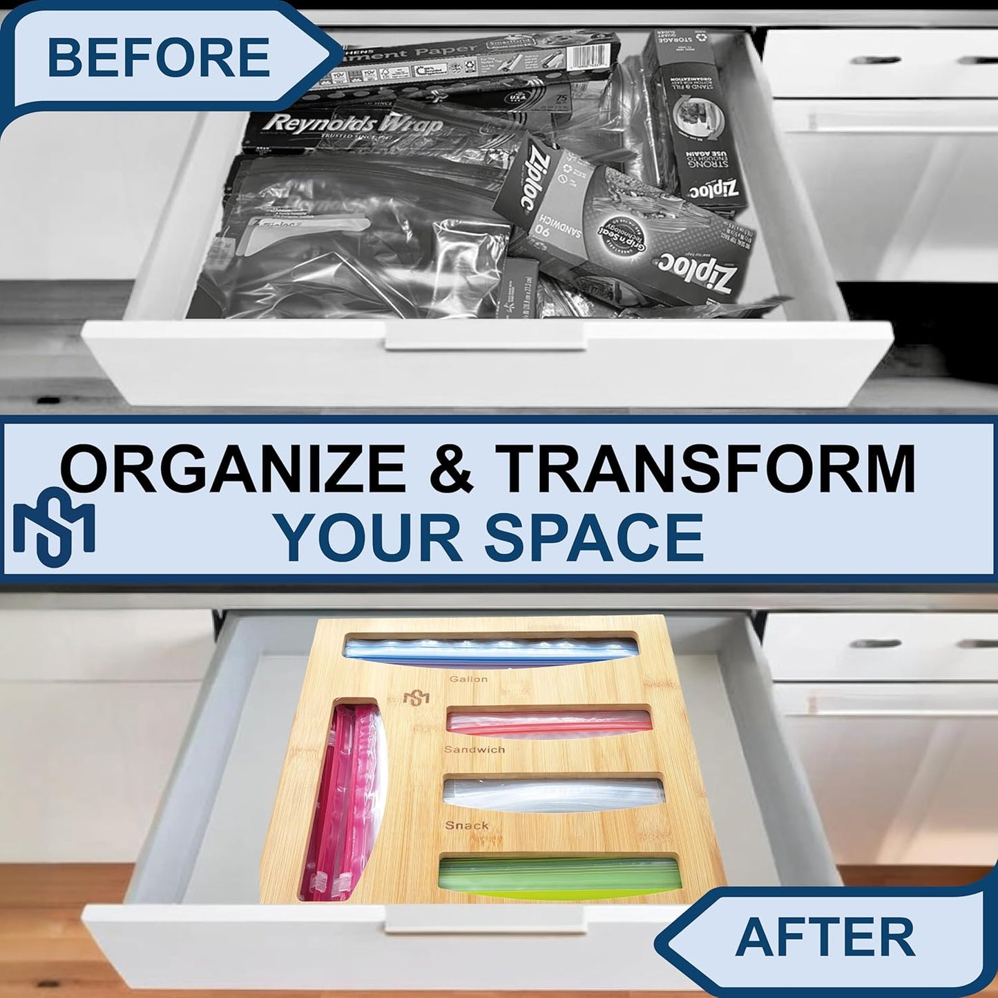 Storage Bag Holder, Baggie Organizer for Drawer or Wall Mount, Compatible with Gallon, Quart