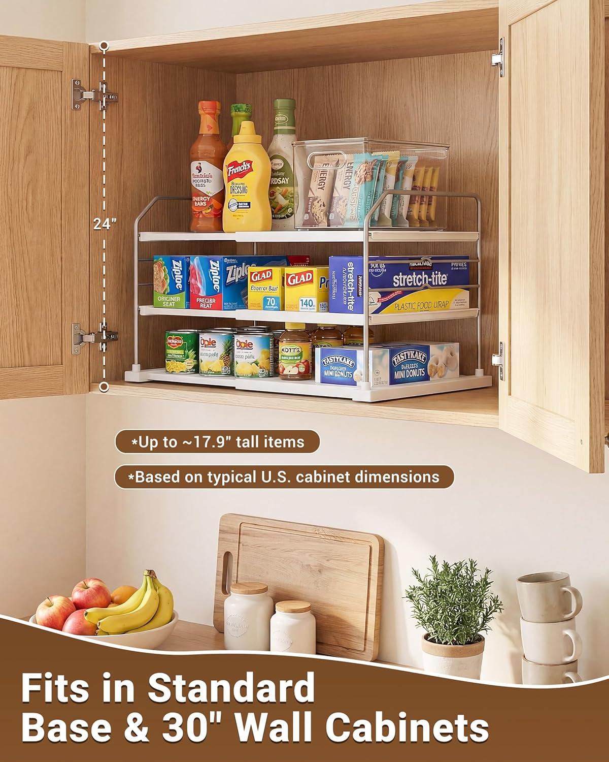 Extendable 3-Tier Kitchen Cabinet & Pantry Organizer for Plastic Wrap, Foil & Storage Bags