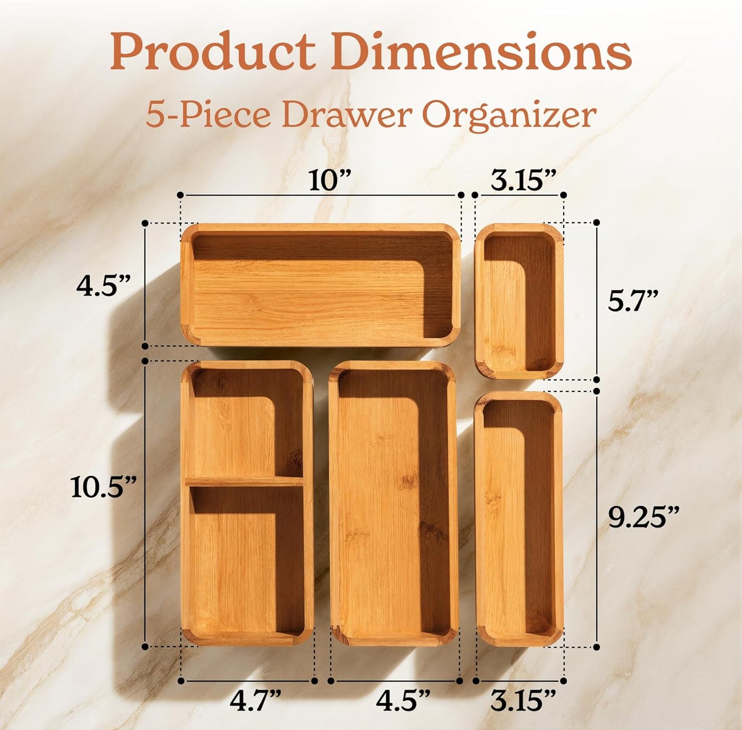 5-Piece Bamboo Kitchen Drawer Organizer Set for Large and Small Utensils