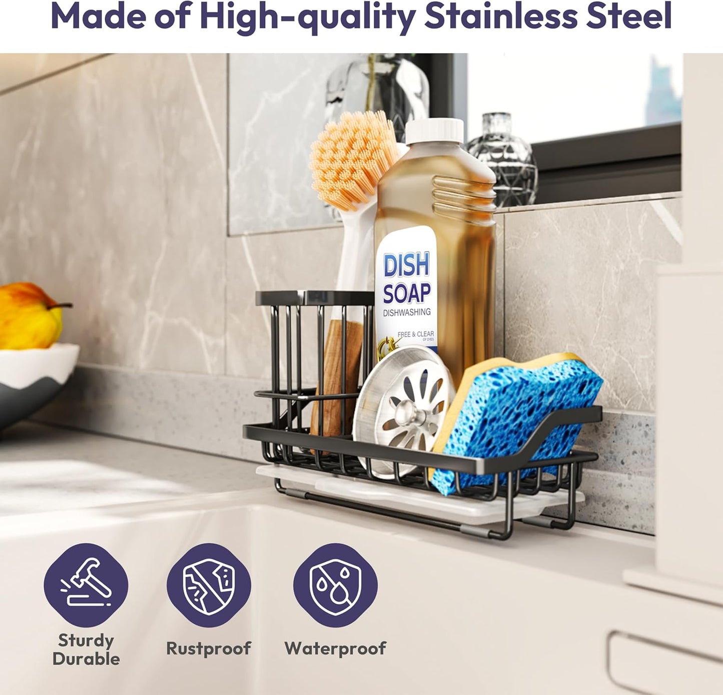 Sink Caddy Sponge Holder - Kitchen Sink Organizer with High Brush Holder for Countertop to Hold Dish Soaps and Sponges, Stainless Steel, Black
