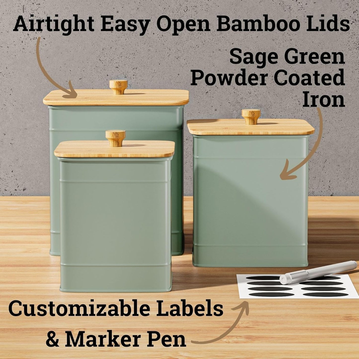 Kitchen Canisters for Countertop Set of 3 with Customizable Chalkboard Labels & Marker Pen