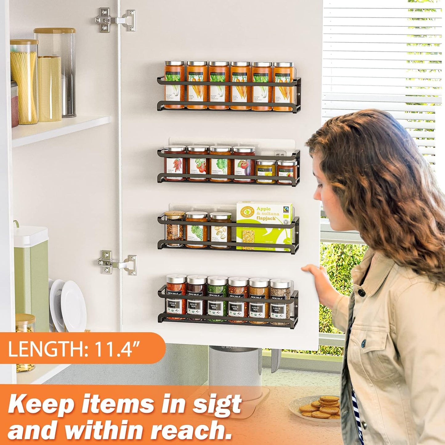 Spice Rack Wall Mounted 4 Pack,Space-Saving Spice Organizer for Spice Jars and Seasonings,Screw or Adhesive Hanging Spice Rack Organizer for Your Kitchen Cabinet,Pantry Door