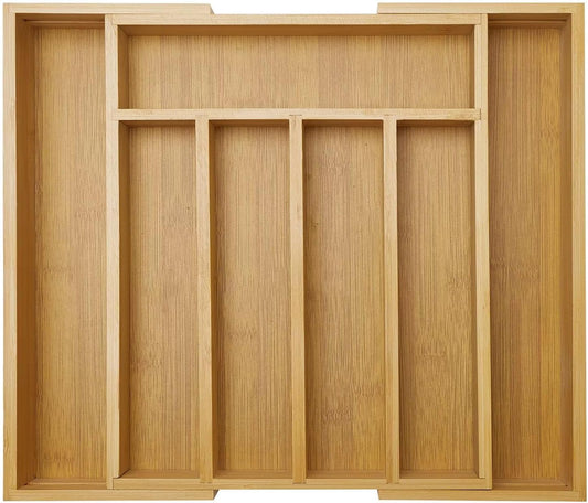 Expandable Large Utensil Drawer Organizer Cutlery Tray Bamboo Kitchen Silverware Organizer Cooking Utensil Tray Holder Adjustable Wooden Flatware Organizer for Drawer Spoon Fork Silverware Tray