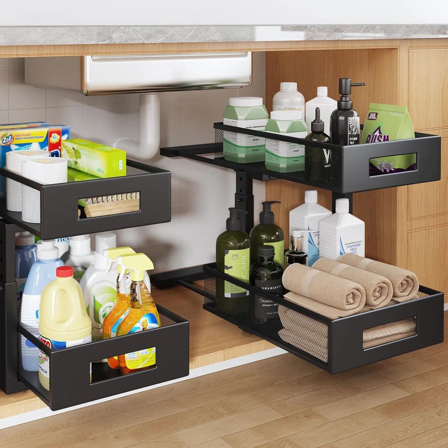 Under Sink Organizer, 2-Tier Dual Pull Out Cabinet Organizer Drawers With Smooth Circular Rail