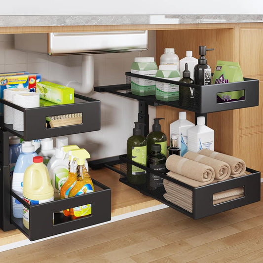 Under Sink Organizer, 2-Tier Dual Pull Out Cabinet Organizer Drawers With Smooth Circular Rail