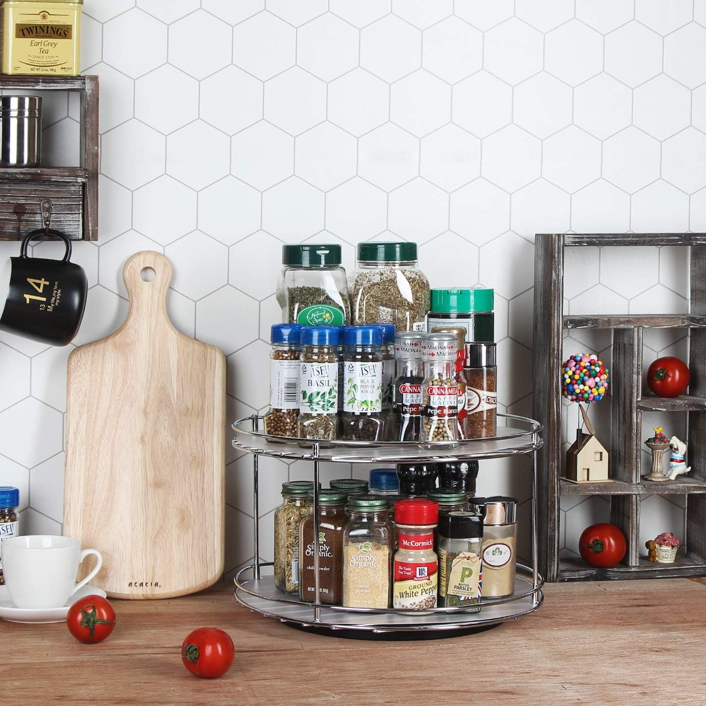 2 Tier Lazy Susan Turntable Cabinet Organizer - Rotating Spice Rack Storage Container