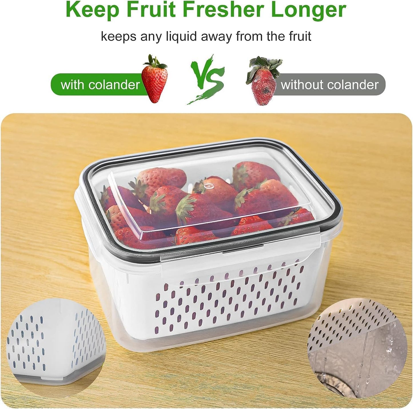Fruit Storage Containers for Fridge with Removable Colander, Airtight Food Storage Container