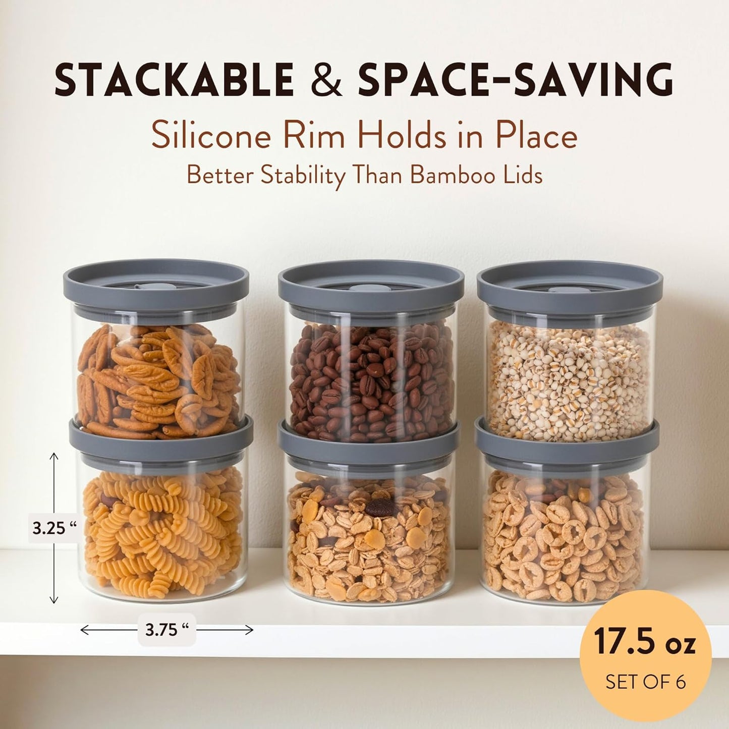 Glass Canisters with Airtight Lids Set of 6 (17.5 oz) - Borosilicate Glass Jars for Overnight Oats