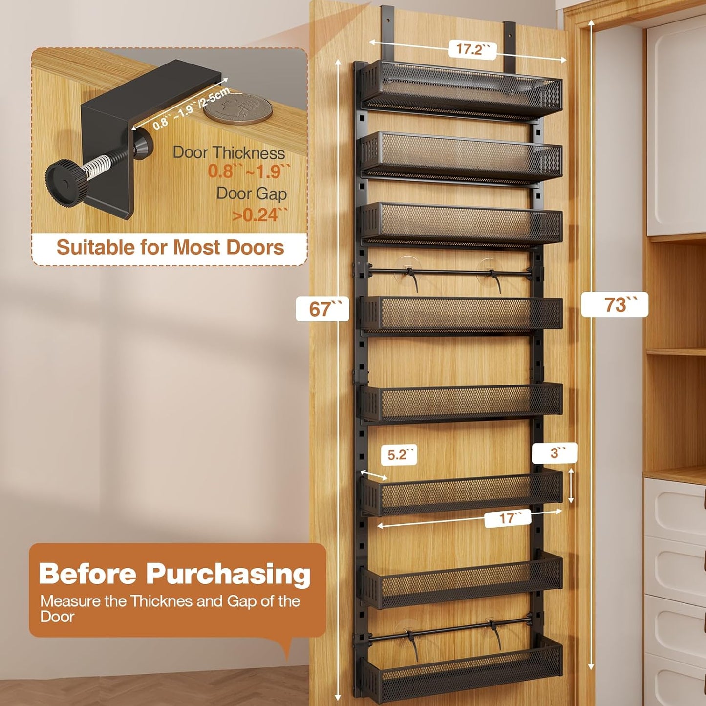 Pantry Door Organizers and Storage, 8-Tier Large Metal Heavy-Duty Frame Over the Door Spice Rack