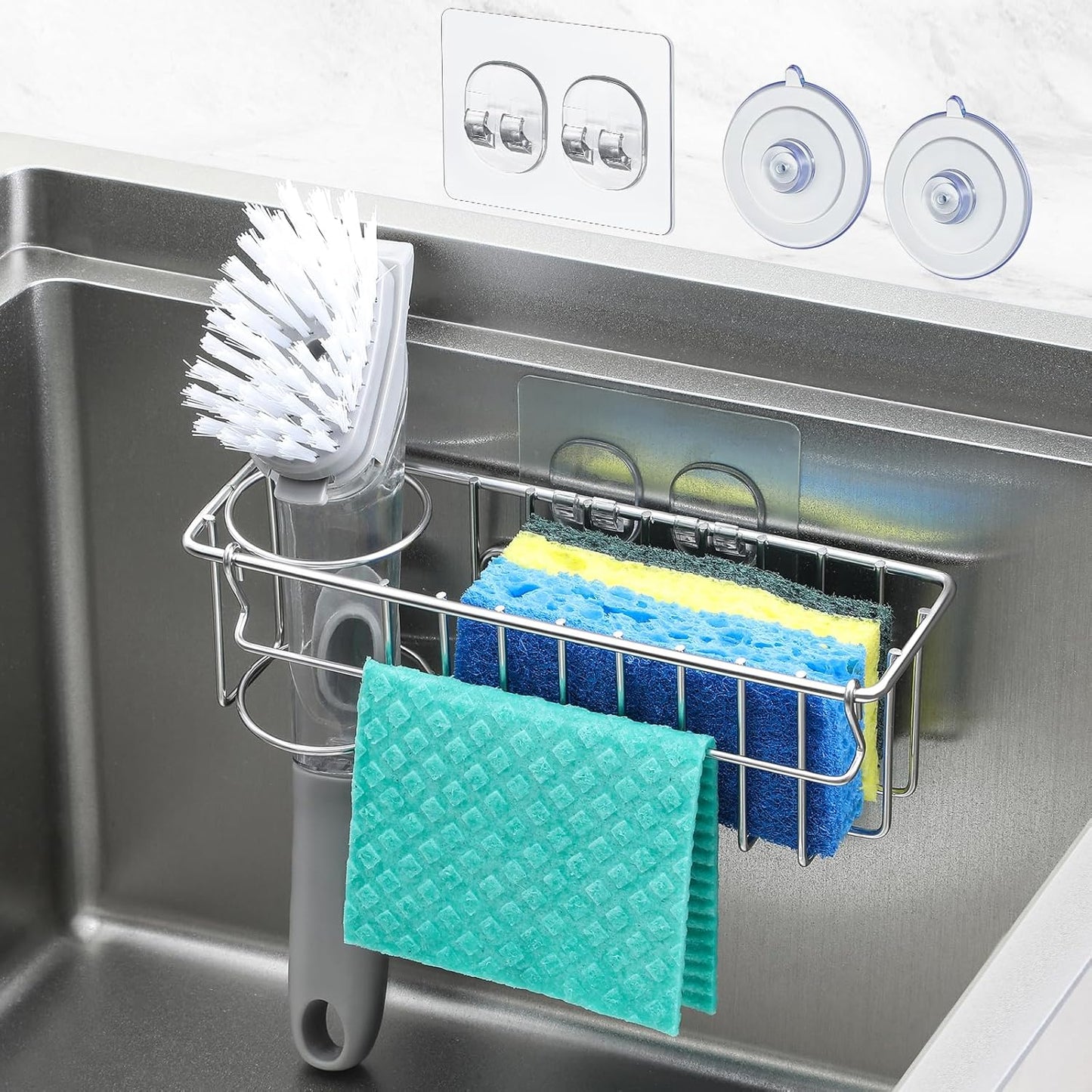 3-In-1 Sponge Holder for Kitchen Sink with Suction Cups & Adhesive Hook , In-sink Sponge Holder