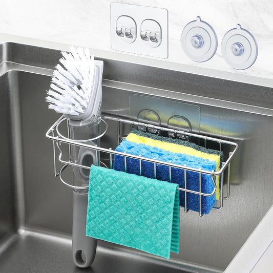 3-In-1 Sponge Holder for Kitchen Sink with Suction Cups & Adhesive Hook , In-sink Sponge Holder