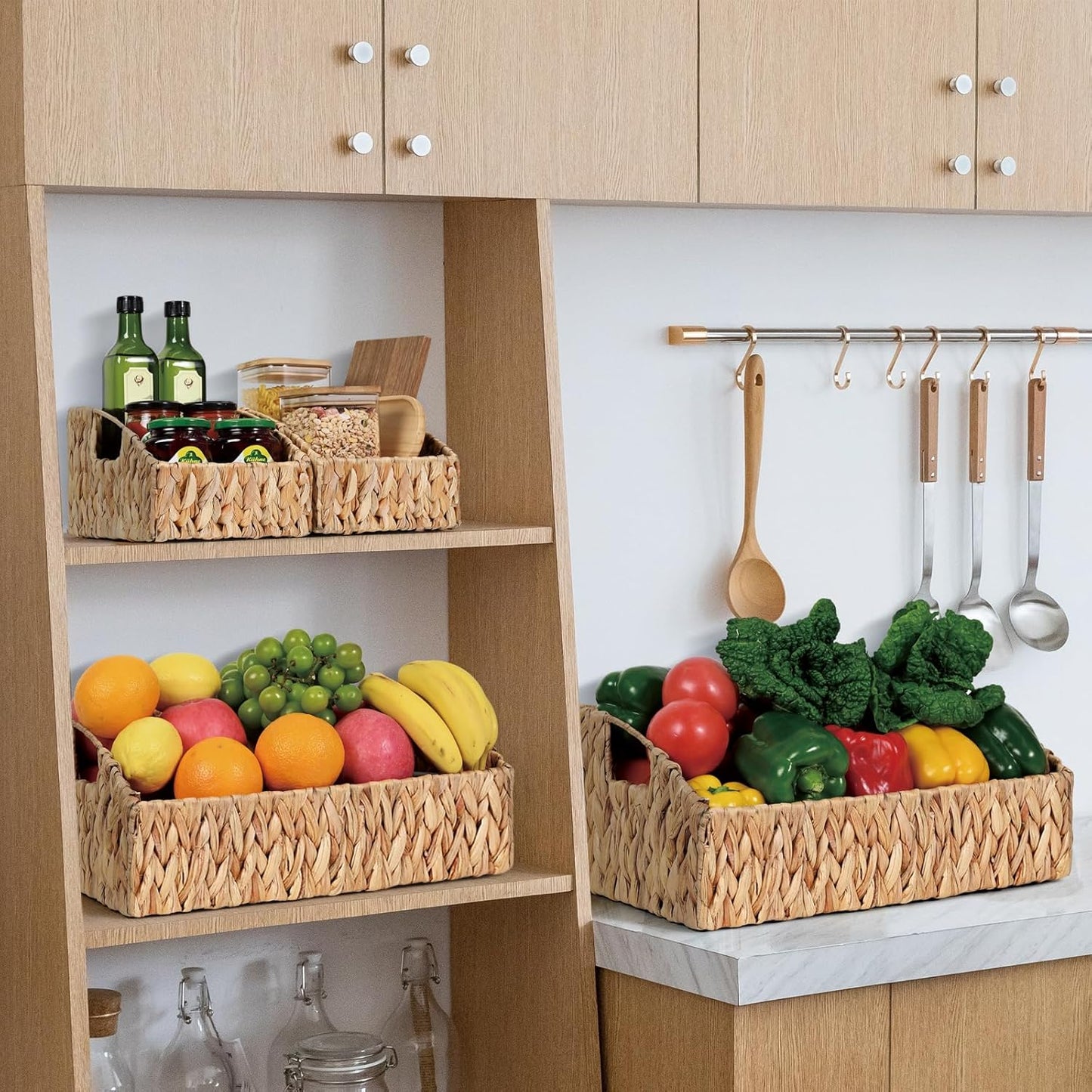 Rattan Storage Baskets, Handwoven Wicker Storage Bins with Built-in Handles