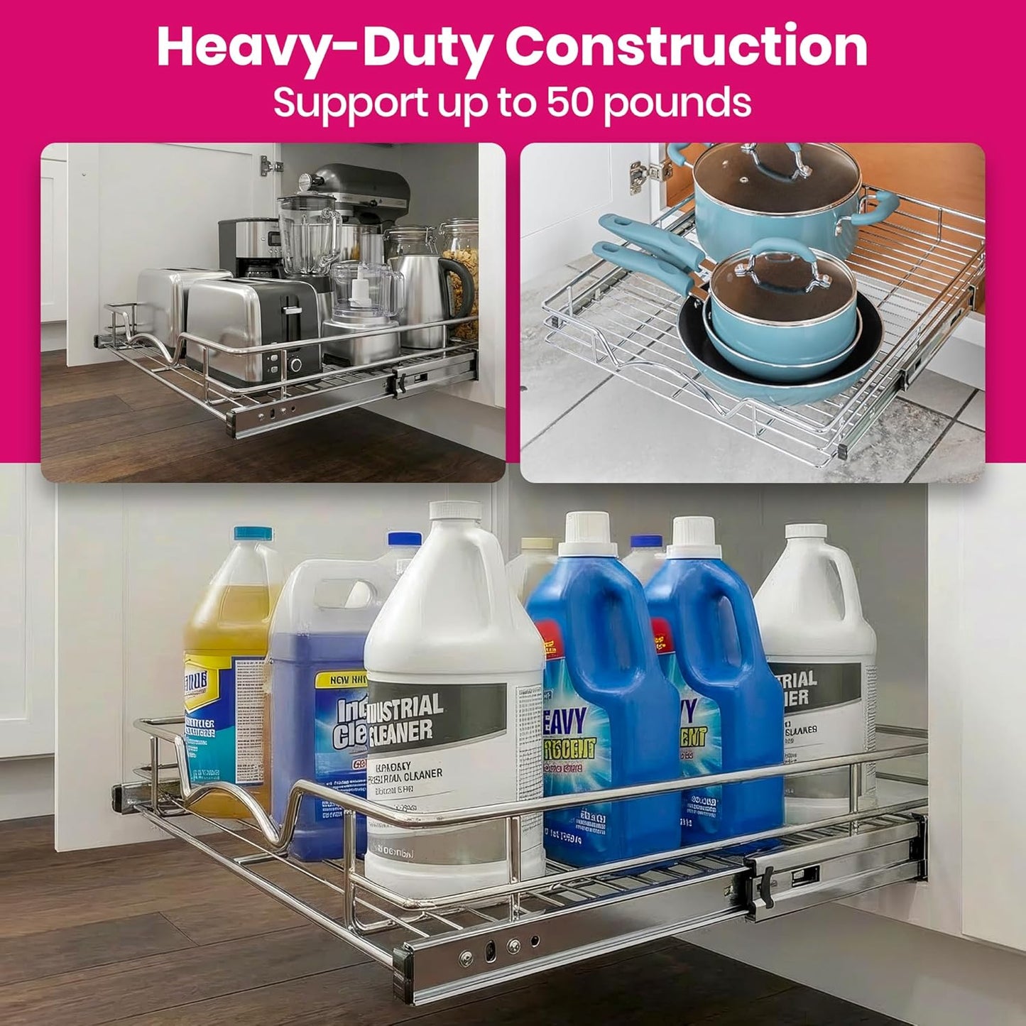 Pull Out Cabinet Organizer - Heavy Duty Steel with Smooth Slide-Out Drawers