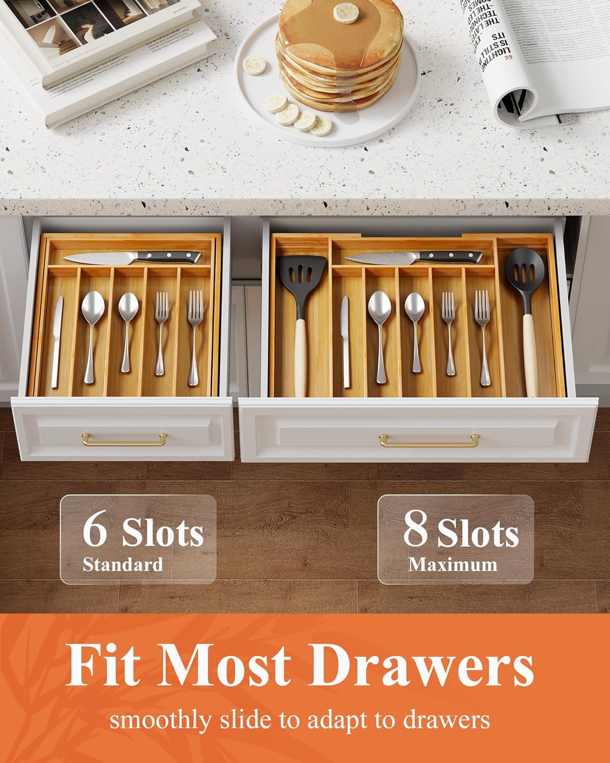 Large Bamboo Silverware Organizer - Expandable Drawer Organizer for Utensil, Cutlery and Flatware