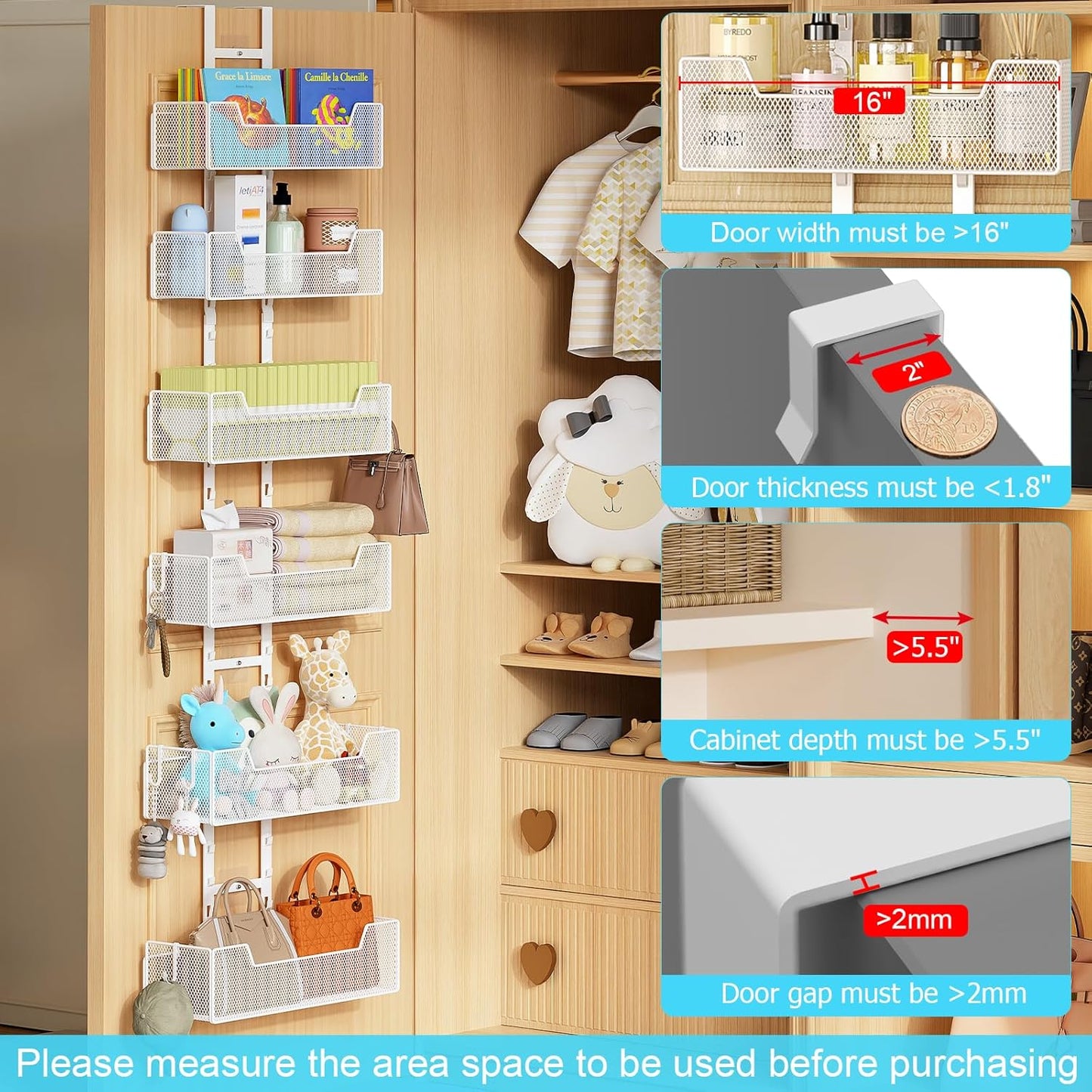 Over The Door Organizer, Metal Hanging Door Organizer with 6 Adjustable Baskets and 5 Hooks