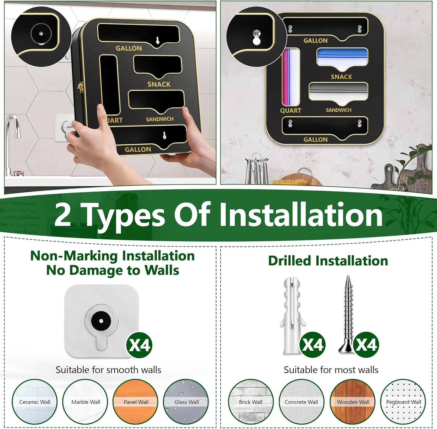 Metal Bag Storage Organizer Kitchen Drawer, Non-Marking Installation of Sandwich Bag Organizer