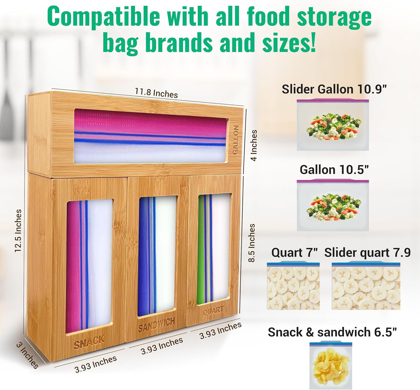 Storage Bag Organizer for Kitchen Drawer - Bamboo Baggie Organization Compatible with Gallon