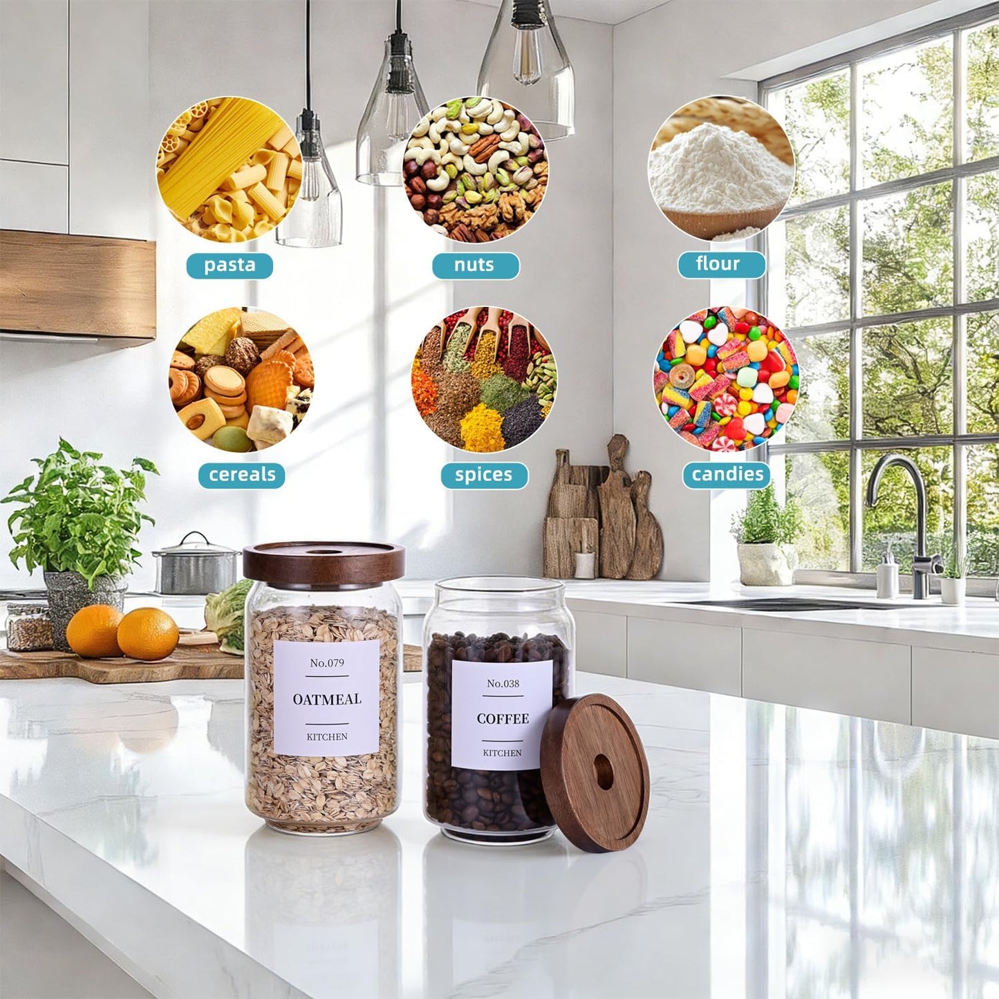 Glass Pantry Storage Jars with Acacia Airtight Lid, 25oz Clear Kitchen Canisters with Wood Lid