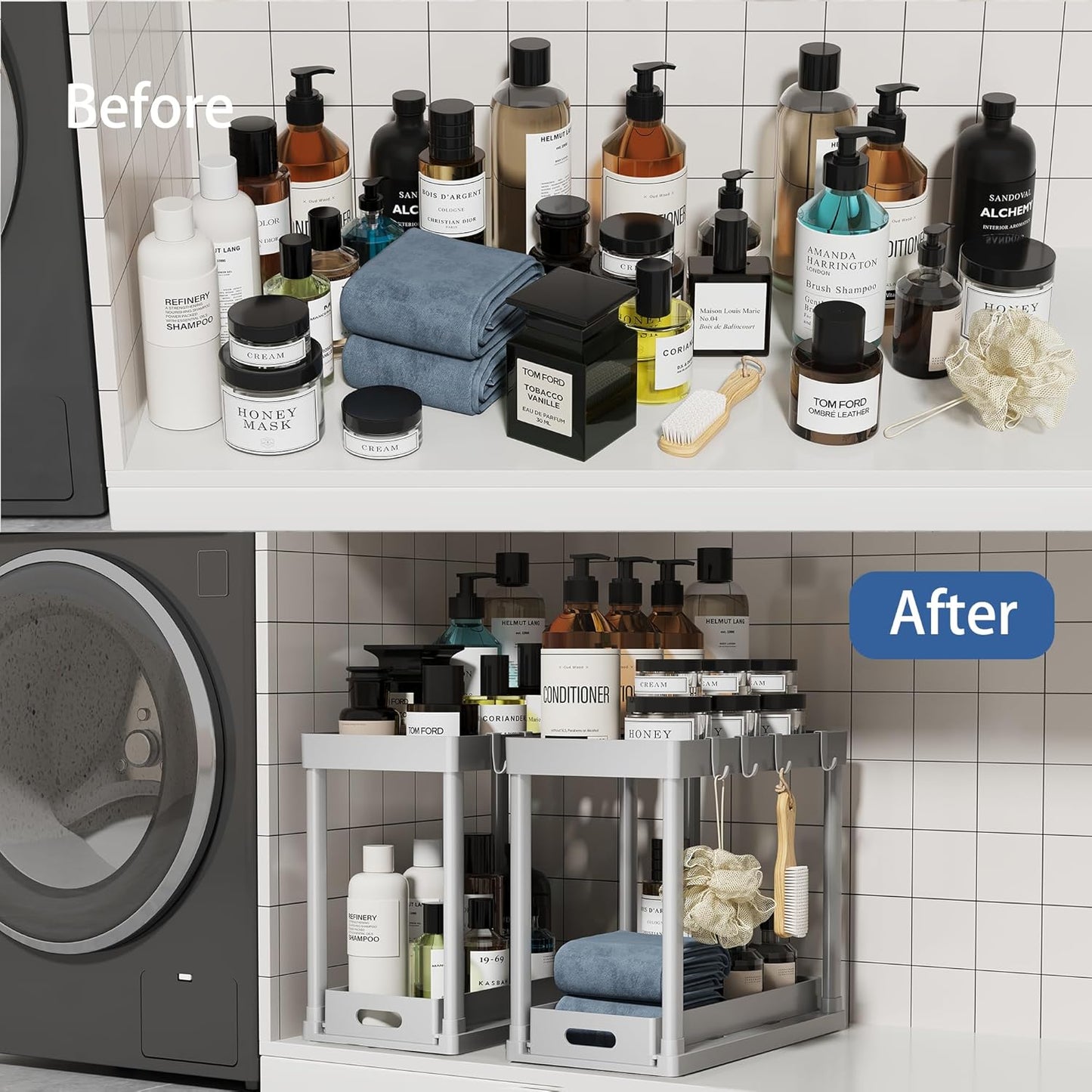 2PC Under Sink Organizer Rack 2 Tier Under Sliding Cabinet Basket Organizer Drawer with 4 Hooks