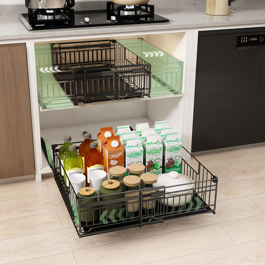 2 Pack Expandable Pull Out Cabinet Organizer, Raised 6.69" guardrail, Adjustable Width 13"-20.07"