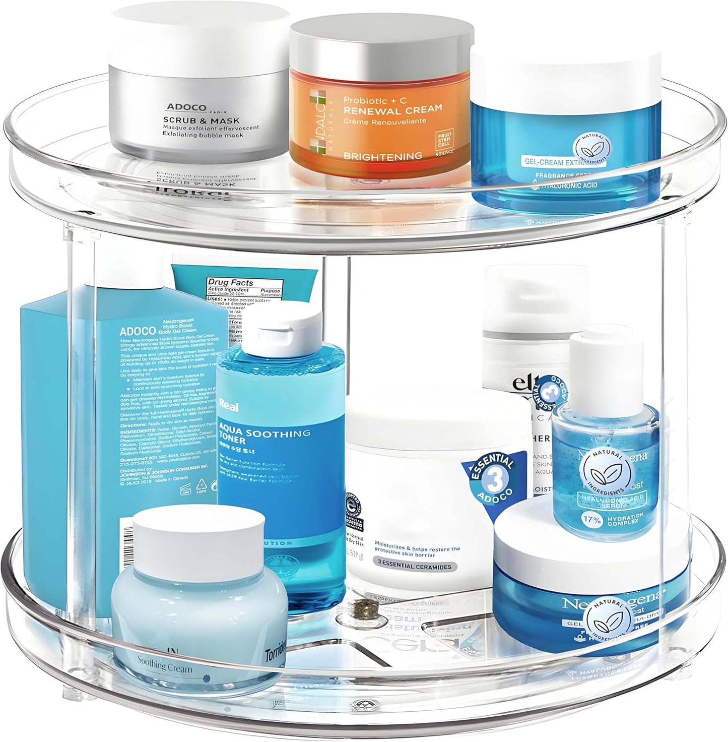 2 Tier Lazy Susan Bathroom Organizer, 9.25Inch Clear 360 Rotating Makeup Organizer for Vanity
