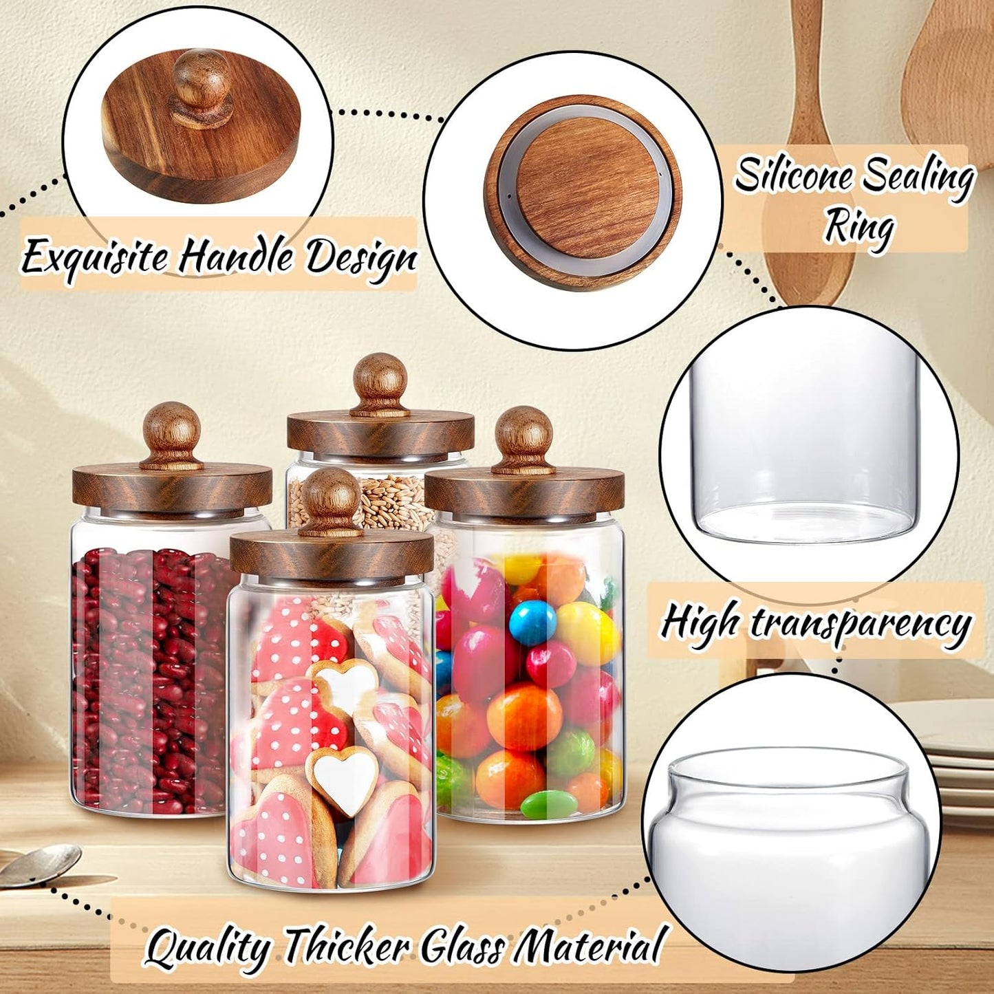 4 Pcs 32 oz Glass Food Storage Jar with Acacia Wood Lids Airtight Sealed Clear Glass Canisters Air Tight Glass Container Jar for Coffee Beans Nuts Loose Leaf Tea Sugar Spice Candy Rice Pasta