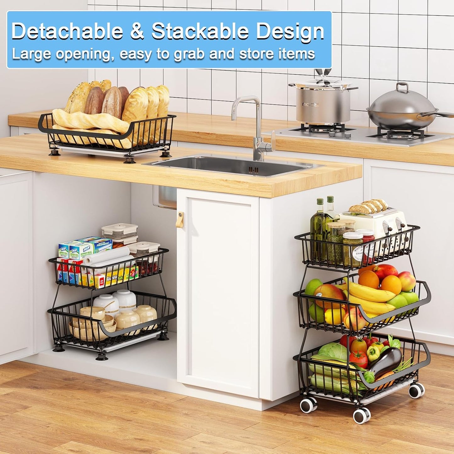 3-Tier Rolling Pantry Floor Organizer, Stackable Pantry Storage Cart with Wheels