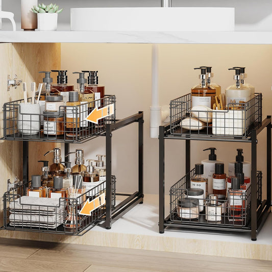 Under Sink Organizer, 2-Tier Pull Out Cabinet Organizer, Kitchen Bathroom Organizer and Storage