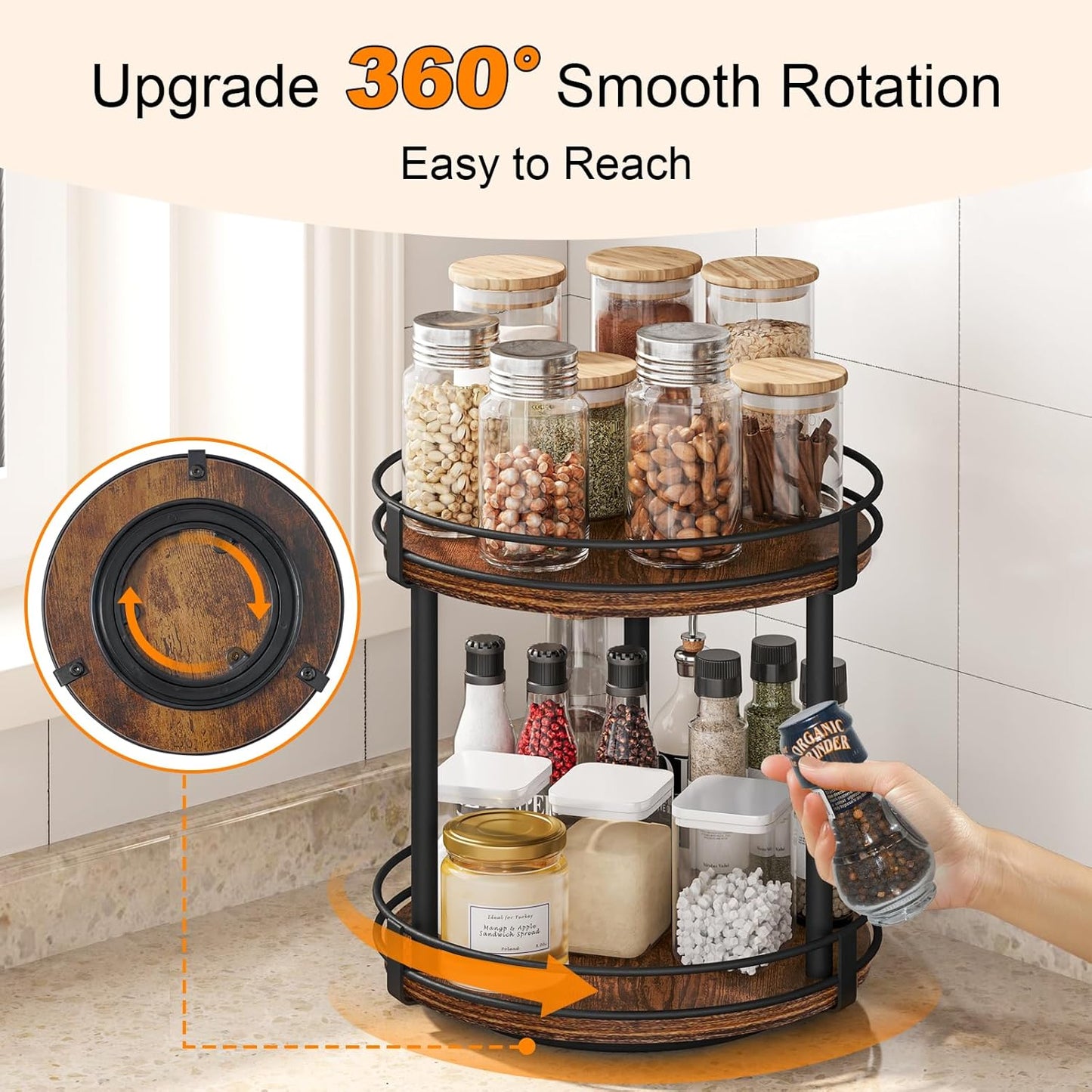 Rotating Spice Rack, 2 Tier Lazy Susan Organizer, Wood Kitchen Countertop Organizer