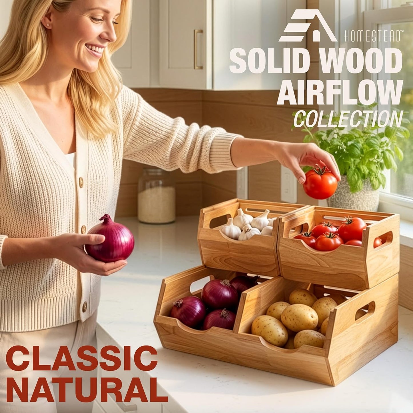 Stackable Solid Wood Storage Bins for Pantry & Countertop