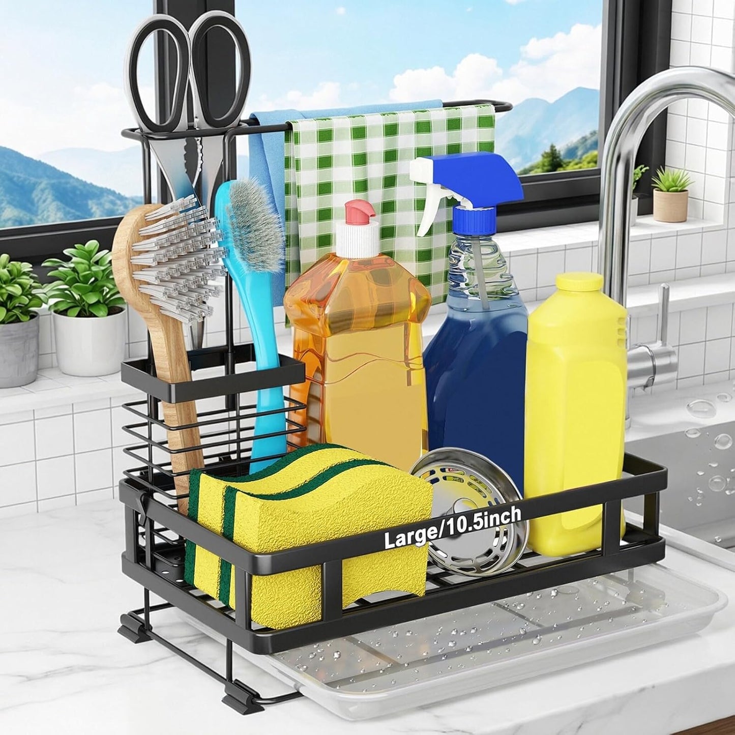 Kitchen Sink Organizer with Brush Rack, 304 Stainless Steel Dish Soap Dispenser