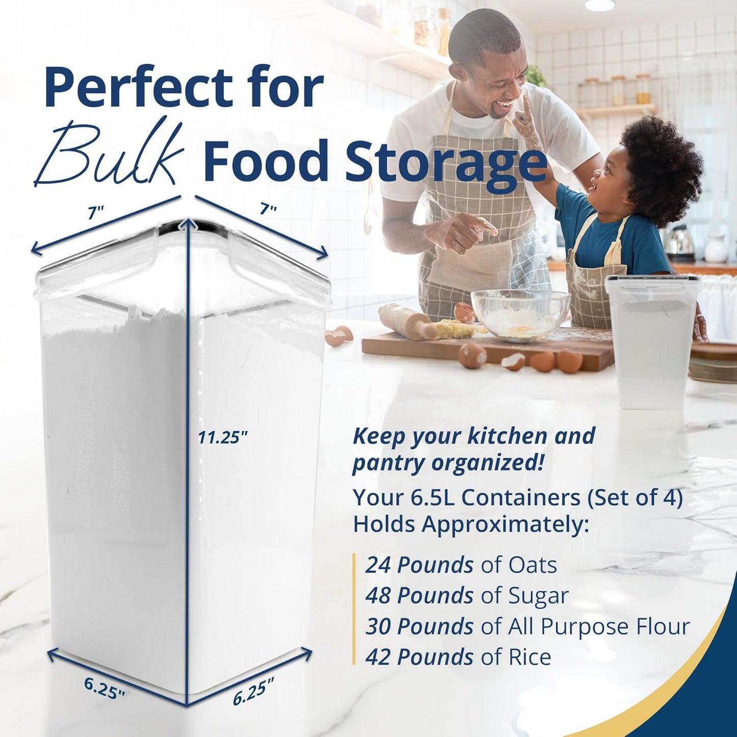 6.5L Airtight Food Storage Containers with Lids (4 Sets) | Kitchen Organizers and Storage Containers, Pantry Organizers | BPA Free Plastic XL Set w/ 4 Measuring Cups, 12 Labels, Pen