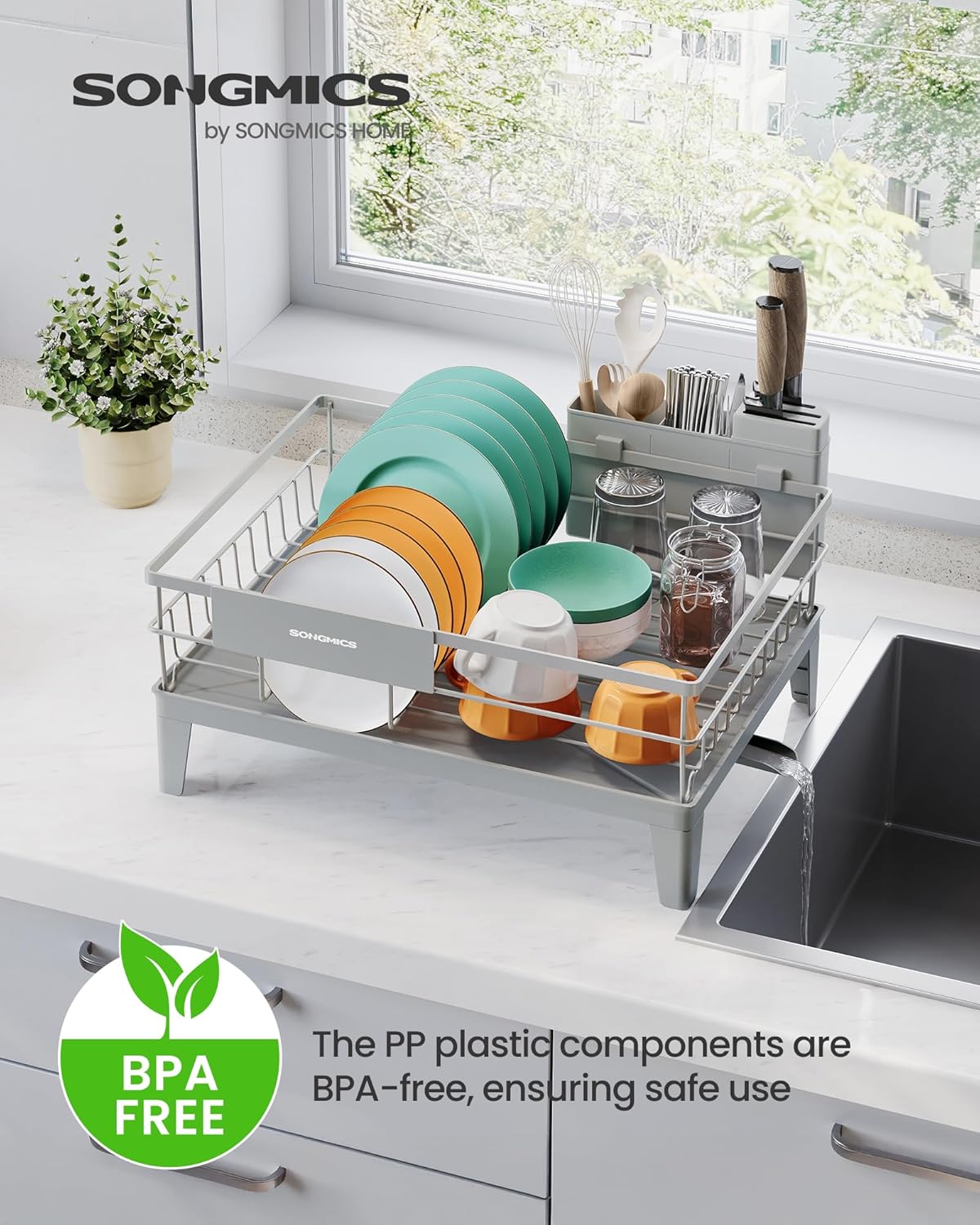 Dish Drying Rack, Kitchen Dish Rack with Drainboard, 360° Rotatable and Extendable Spout