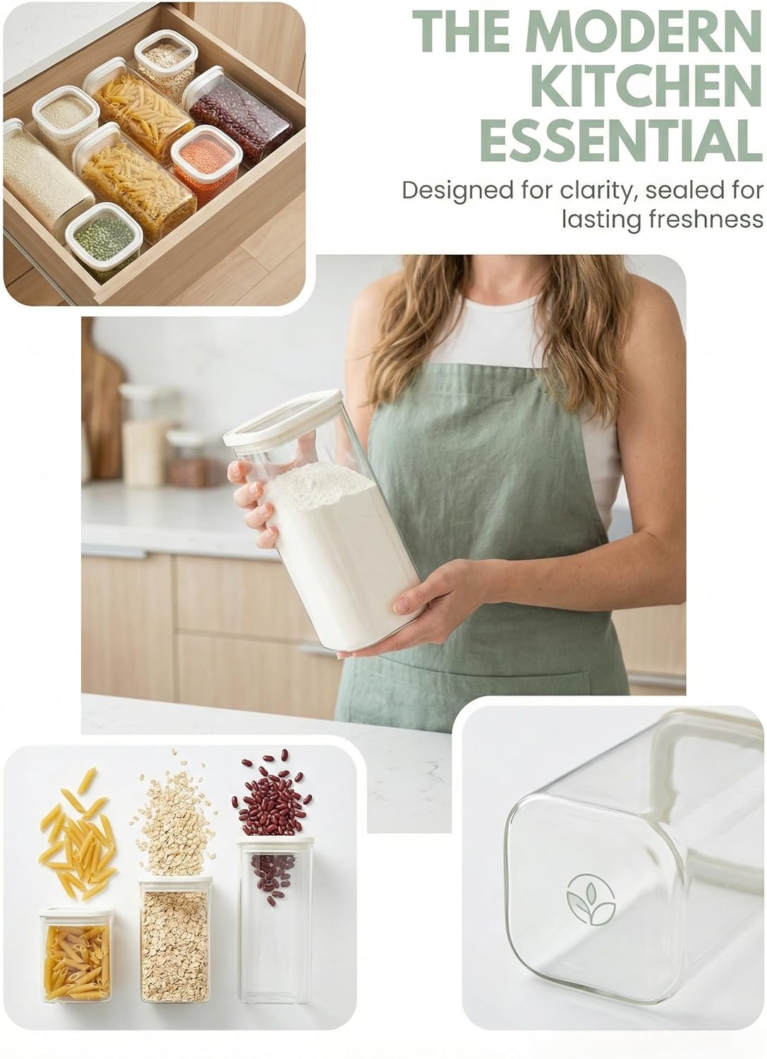 8pcs Square Glass Pantry Storage Jars with Clear Airtight Lids (1.22Qt/1.67Qt)