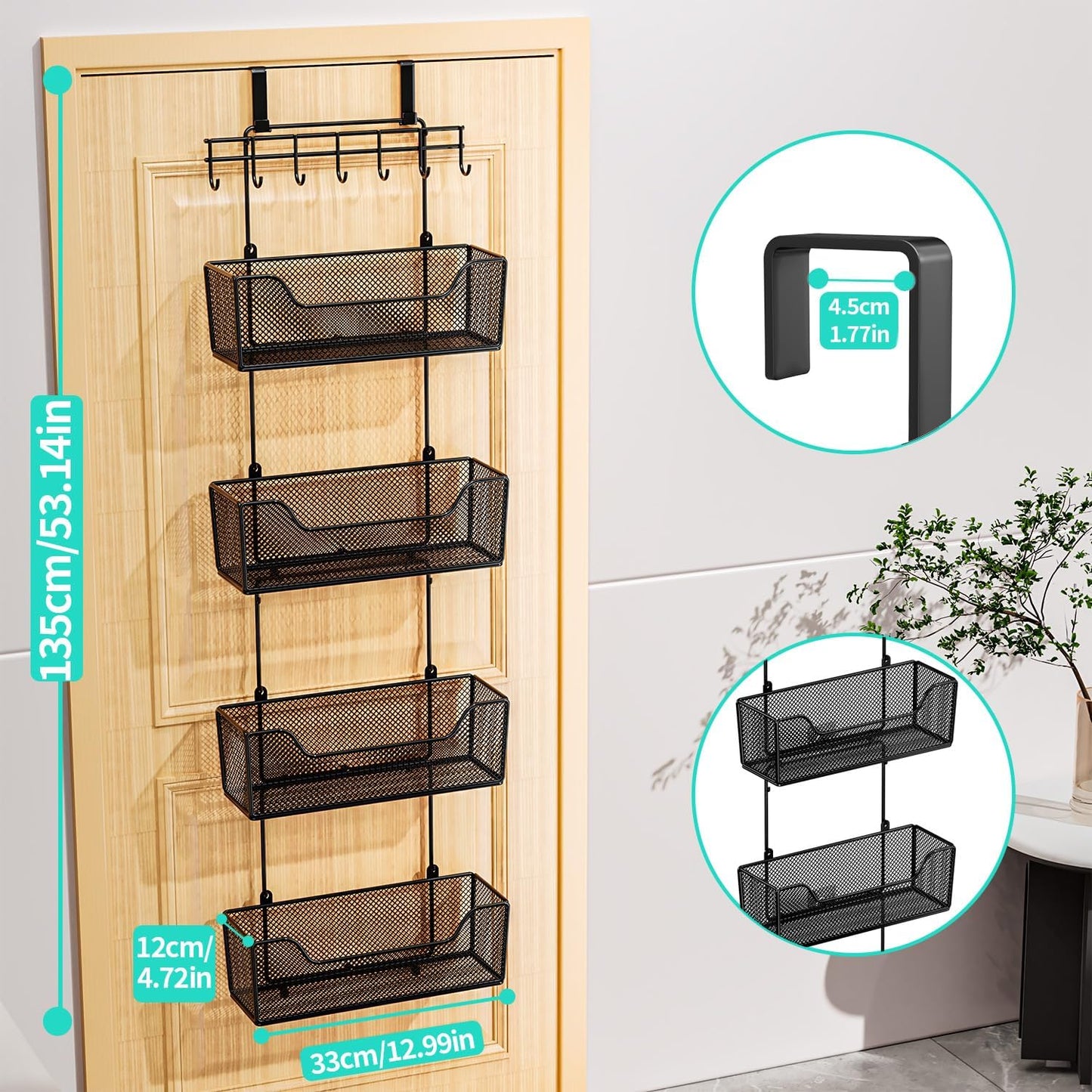 Over The Door Organizer - Hanging Door Organizer with 4 Metal Large Capacity Baskets and Adjustable Coat Hook for Bathroom Bedroom Kitchen Pantry Closet Cabinet